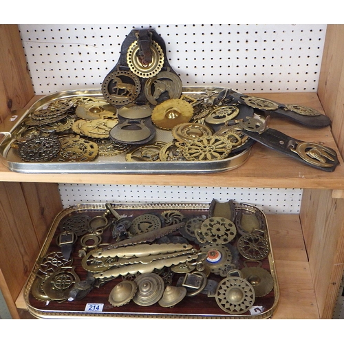 214 - Two trays of early horse brasses etc (2)