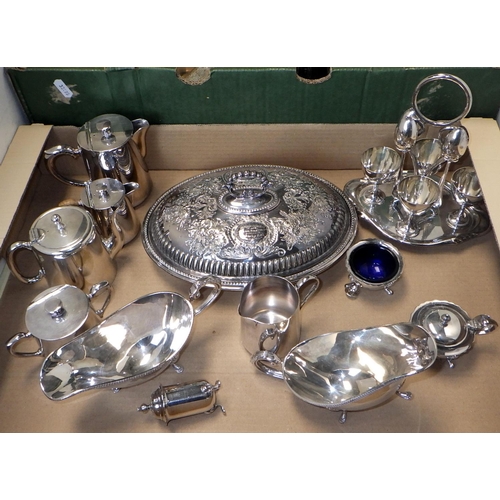 218 - Two boxes of misc metal wares to inc a pair of EPNS Walker & Hall sauce boats etc (2)