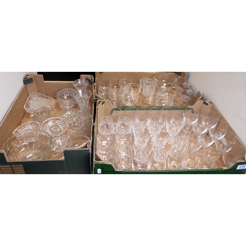 219 - Three boxes of various glass ware to inc Stuart wine and spirits glasses etc (3)