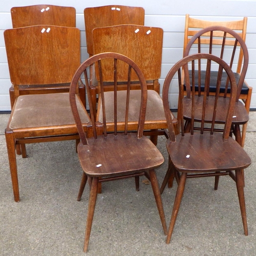 532 - Three dark Ercol kitchen chairs, four further chairs and another (8)