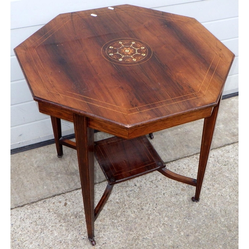 533 - An Edwardian rosewood inlaid octagonal occasional table, 73cm wide, missing some inlay