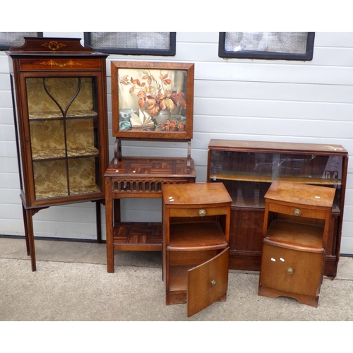 544 - An Edwardian display cabinet, sliding door cabinet, pair bedside cabinets, firescreen, side table (6... 