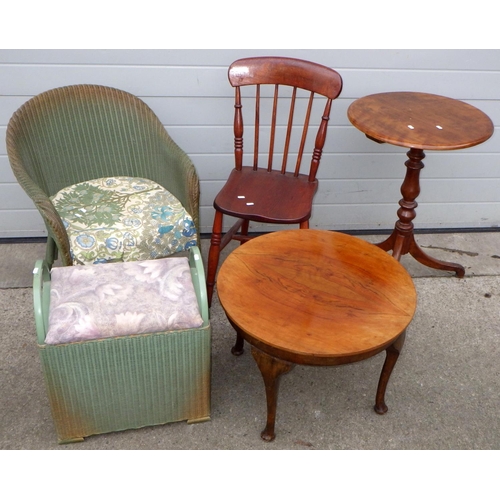 547 - A Victorian kitchen chair, Lloyd loom tub chair and stool, tripod table & coffee table (5)