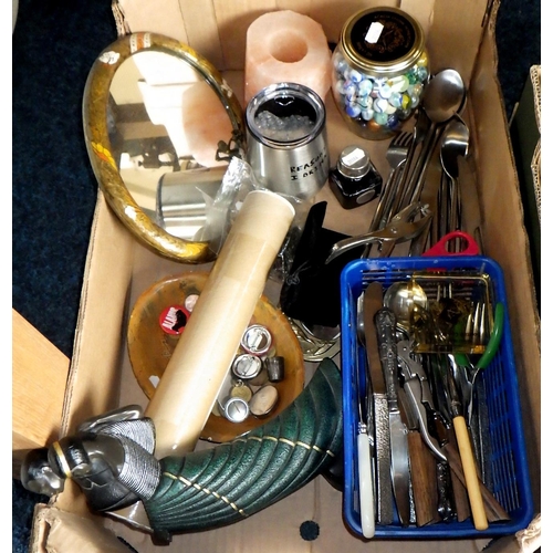 237 - Two boxes of misc collectables to inc desk lamp, binoculars, cutlery etc together with a qty of mode... 