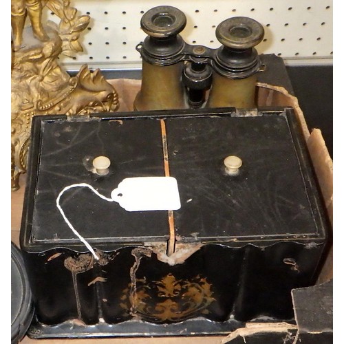 121 - A gilt clock, lacquered box, binoculars etc AF