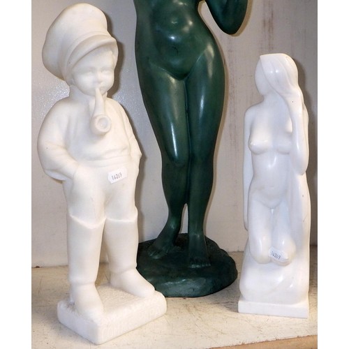 160 - A cast metal figure of a nude woman together with a marble nude and a boy with pipe (3)