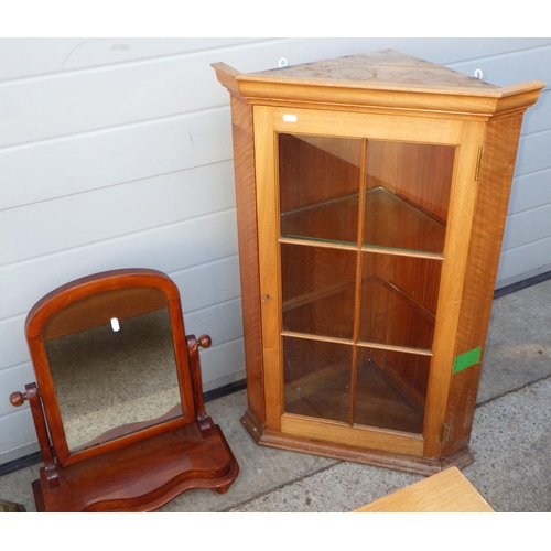 555 - A Meredew blanket box, hanging corner cabinet, toilet mirror, brass lamp standard, step (5)