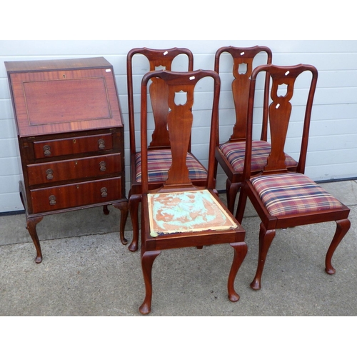 557 - A narrow mahogany bureau on cabriole legs together with four Queen Anne style chairs a/f (5)