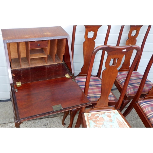 557 - A narrow mahogany bureau on cabriole legs together with four Queen Anne style chairs a/f (5)