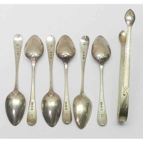 22 - Six matching George III silver old english pattern teaspoons together with a similar sugar tongs by ... 