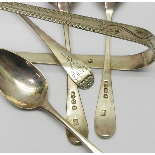 22 - Six matching George III silver old english pattern teaspoons together with a similar sugar tongs by ... 