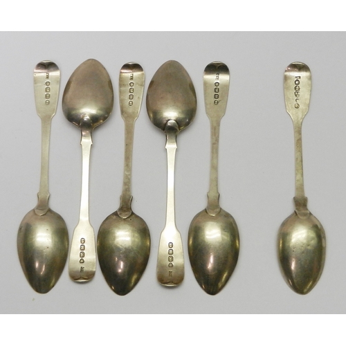 25 - Five matching George IV silver fiddle pattern teaspoons, George Nangle, London 1822; another, simila... 