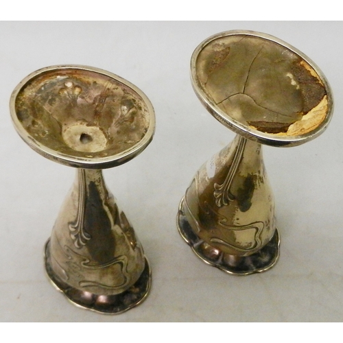 26 - A pair of Art Nouveau vases, Birmingham 1909. 170mm tall a/f dents, creases etc.