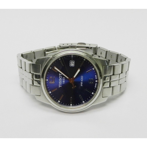 3 - A Tissot PR100 Quartz bracelet watch, stainless steel with a blue dial.  Boxed with papers and spare... 