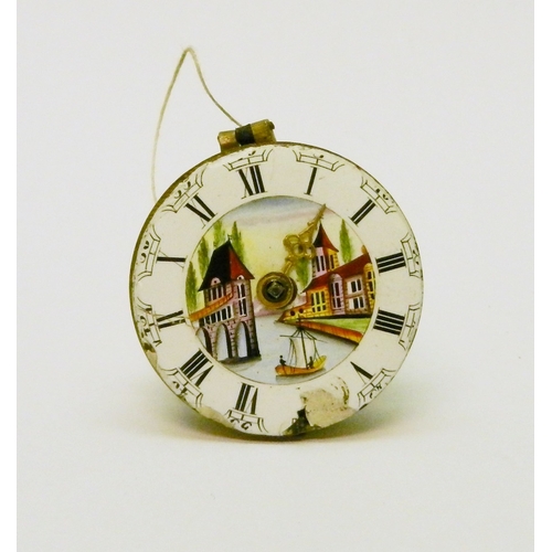 79 - A George III verge fusee watch movement having an enamelled picture dial depicting a river view with... 