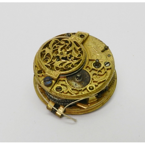 79 - A George III verge fusee watch movement having an enamelled picture dial depicting a river view with... 