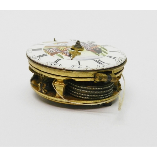 79 - A George III verge fusee watch movement having an enamelled picture dial depicting a river view with... 