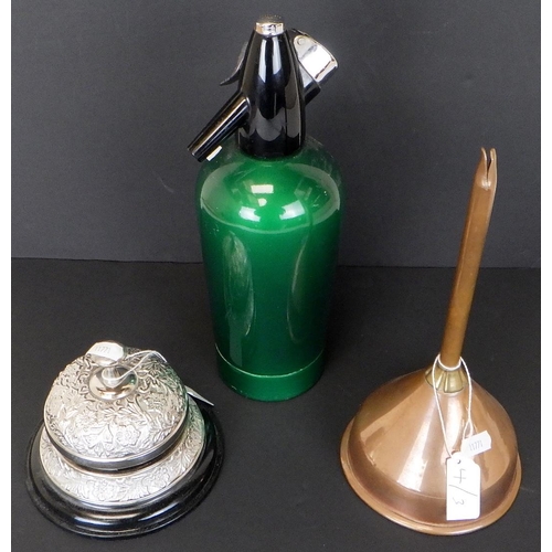 254 - A modern plated desk bell together with a copper funnel and a soda siphon (3)