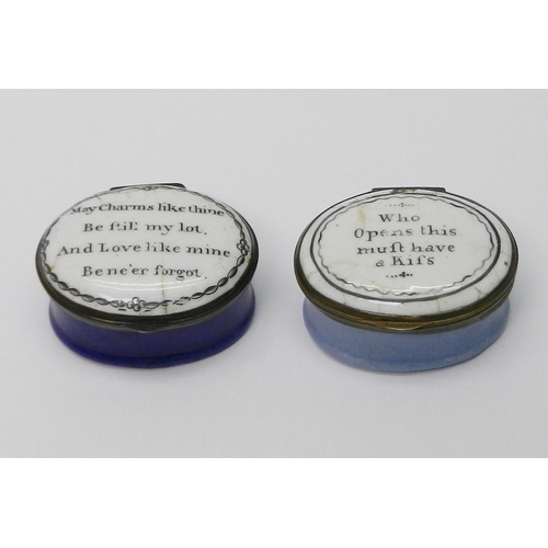 126 - Two Georgian oval enamel patch boxes each bearing romantic mottos.  Each approx 43 x 33mm. Both A/F ... 