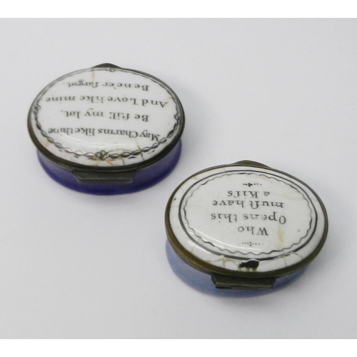 126 - Two Georgian oval enamel patch boxes each bearing romantic mottos.  Each approx 43 x 33mm. Both A/F ... 