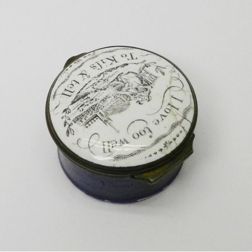 127 - A Georgian circular enamel patch box with romantic motto: 