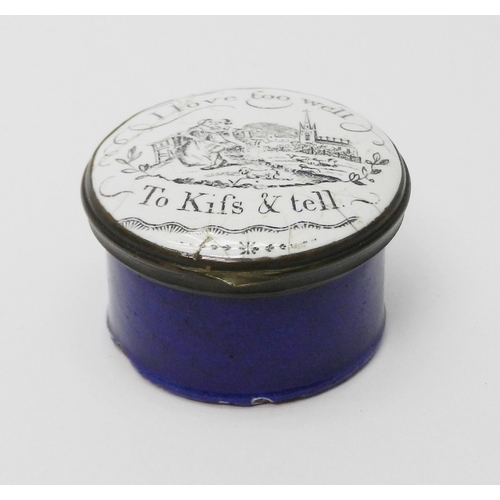 127 - A Georgian circular enamel patch box with romantic motto: 