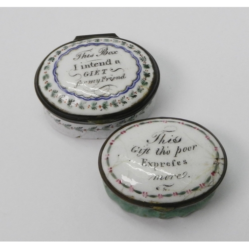 129 - Two Georgian oval enamel patch boxes, each bearing gift related mottoes to the lids.  43 x 32mm and ... 