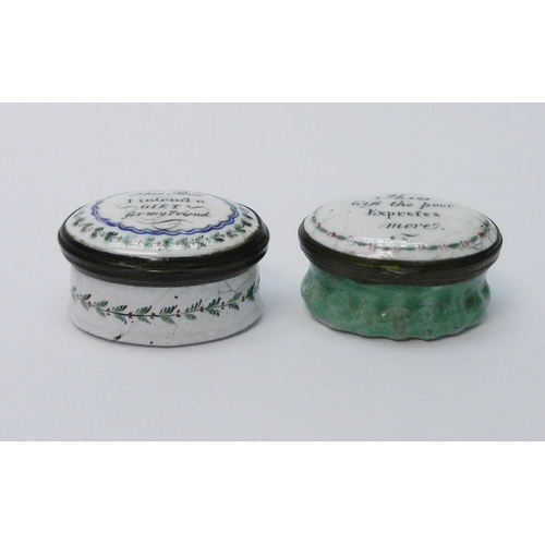 129 - Two Georgian oval enamel patch boxes, each bearing gift related mottoes to the lids.  43 x 32mm and ... 