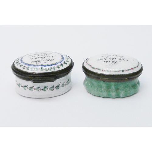 129 - Two Georgian oval enamel patch boxes, each bearing gift related mottoes to the lids.  43 x 32mm and ... 