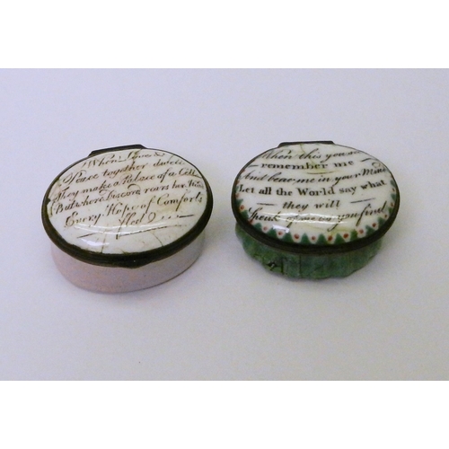 Two Georgian oval enamel patch boxes.  Each approx 43 x 33mm.  A/F