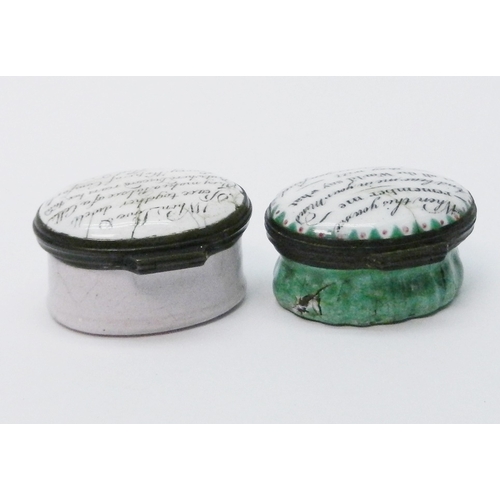 131 - Two Georgian oval enamel patch boxes.  Each approx 43 x 33mm.  A/F