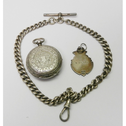 9 - A silver pocket watch chain, 400mm long / 60g; a silver cased fob watch the dial signed H Samuel, 39... 