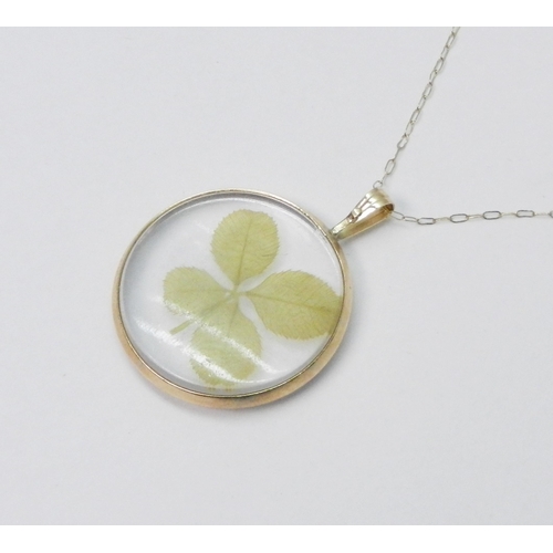 42 - A four leaf clover pendant, yellow metal framed, the whole suspended on a fine chain link necklace