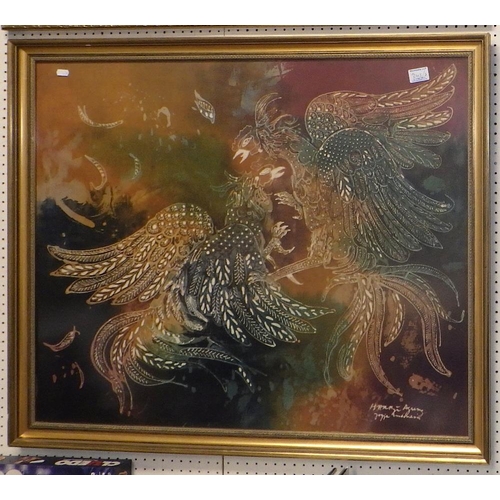 243 - A large frame eastern batik (signed) together with a framed textile panel and a print