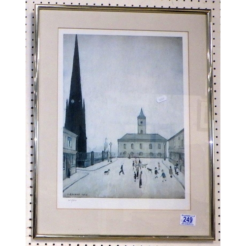 249 - A Middlesbrough Town Hall print 129/850; together with a further Lowry Northern river scene print (2... 