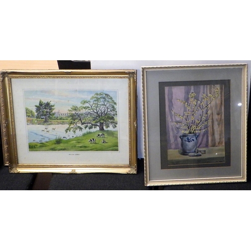 365 - A group of six John Armitage paintings, a similar unsigned oil on board landscape and a needlework f... 