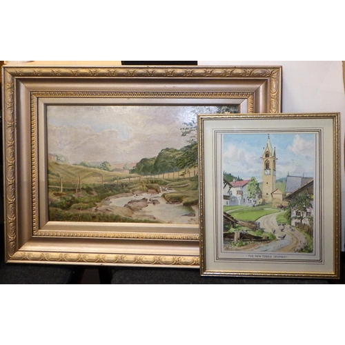 365 - A group of six John Armitage paintings, a similar unsigned oil on board landscape and a needlework f... 