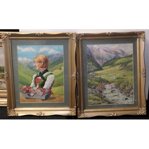 365 - A group of six John Armitage paintings, a similar unsigned oil on board landscape and a needlework f... 