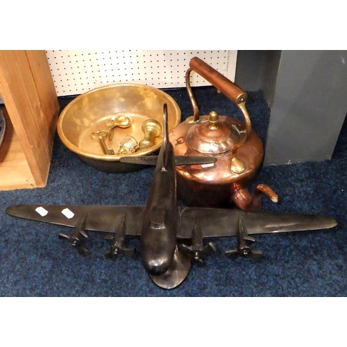 285 - Two warming pans, copper kettle, fishing basket etc