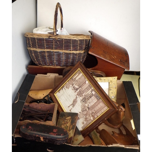 299 - A 19thC crib together with a box of misc carvings etc and a basket of linen (3)