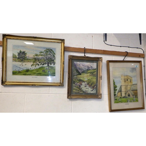 365 - A group of six John Armitage paintings, a similar unsigned oil on board landscape and a needlework f... 