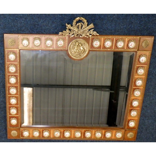 572 - A modern French ormulo mounted bevelled mirror with Limoges porcelain roundels 100 x 92cm