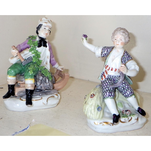 393 - Three Dresden porcelain figures together with a painted cup and a grotesque spoon warmer ? AF