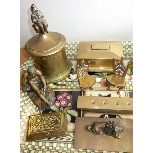 397 - Three 19thC brass Tobacco jars, anvil etc