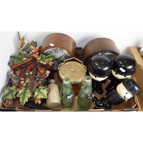 398 - Two oak mantle clocks, wall clock, cod bottles, postcards, biscuit barrel etc