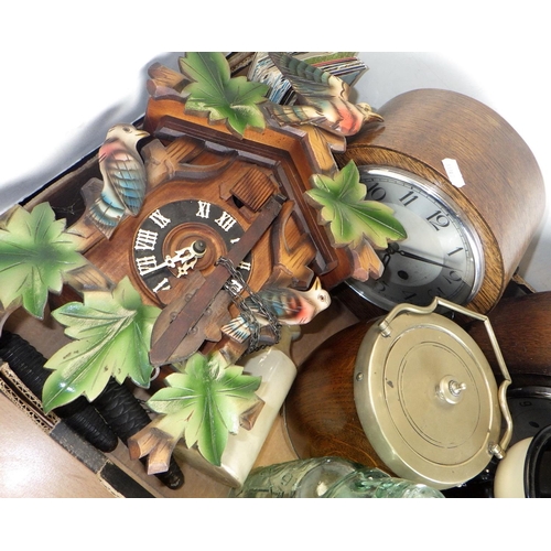 398 - Two oak mantle clocks, wall clock, cod bottles, postcards, biscuit barrel etc