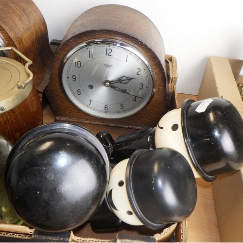 398 - Two oak mantle clocks, wall clock, cod bottles, postcards, biscuit barrel etc