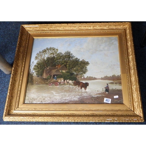 403 - An oil on canvas of a horse and cart crossing a river, 65 x 75cm inc frame, indistinctly signed