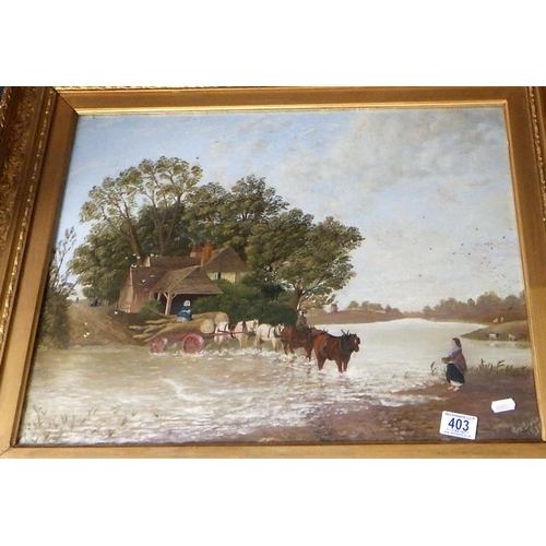 403 - An oil on canvas of a horse and cart crossing a river, 65 x 75cm inc frame, indistinctly signed