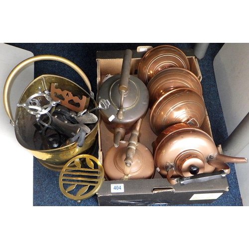 404 - A qty of copper foot warmers, kettles together with a coal bucket etc